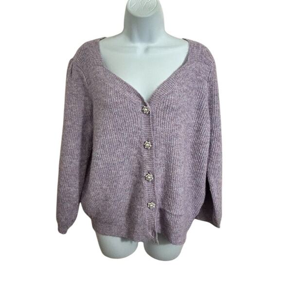 Skies Are Blue Lilac Jewelry Button Puff Sleeve Cardigan Sweater Size Large Soft - Picture 9 of 10